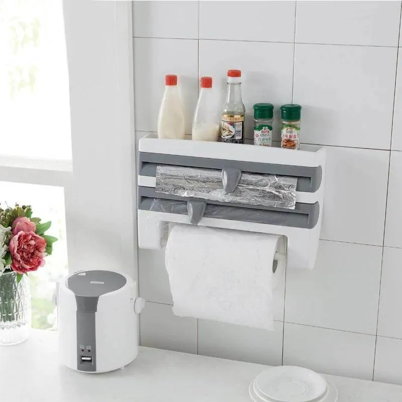 4 In 1 Plastic Wrap Dispenser - Home Kitchen ABS Foil Film Wrap Tissue Paper Kitchen Roll Holder Dispenser