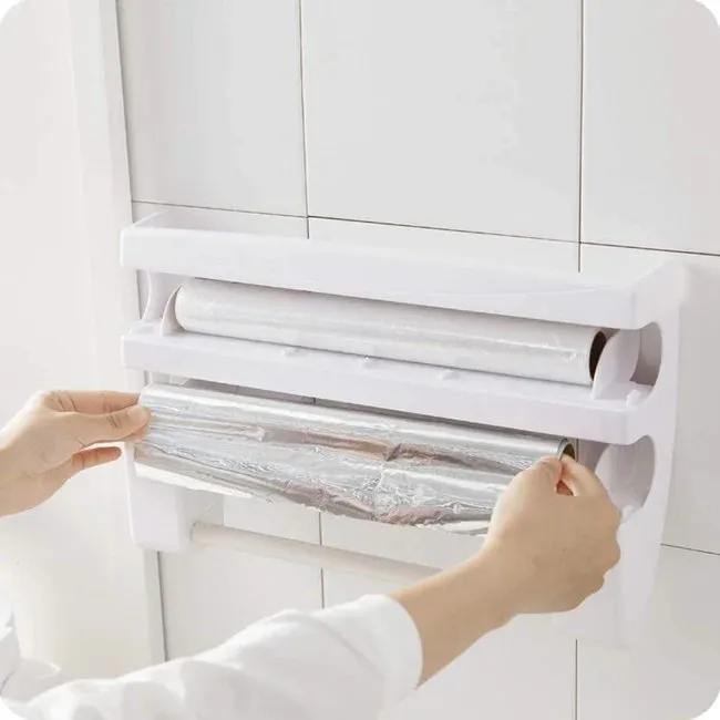 4 In 1 Plastic Wrap Dispenser - Home Kitchen ABS Foil Film Wrap Tissue Paper Kitchen Roll Holder Dispenser