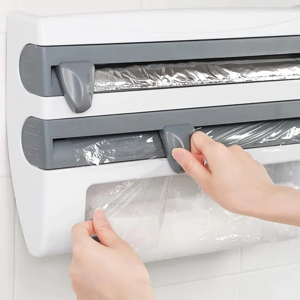 4 In 1 Plastic Wrap Dispenser - Home Kitchen ABS Foil Film Wrap Tissue Paper Kitchen Roll Holder Dispenser