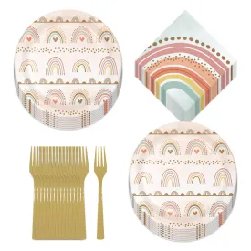 Boho Rainbow Party Paper Dessert Plates, Rainbow Beverage Napkins, and Forks (Serves 16)