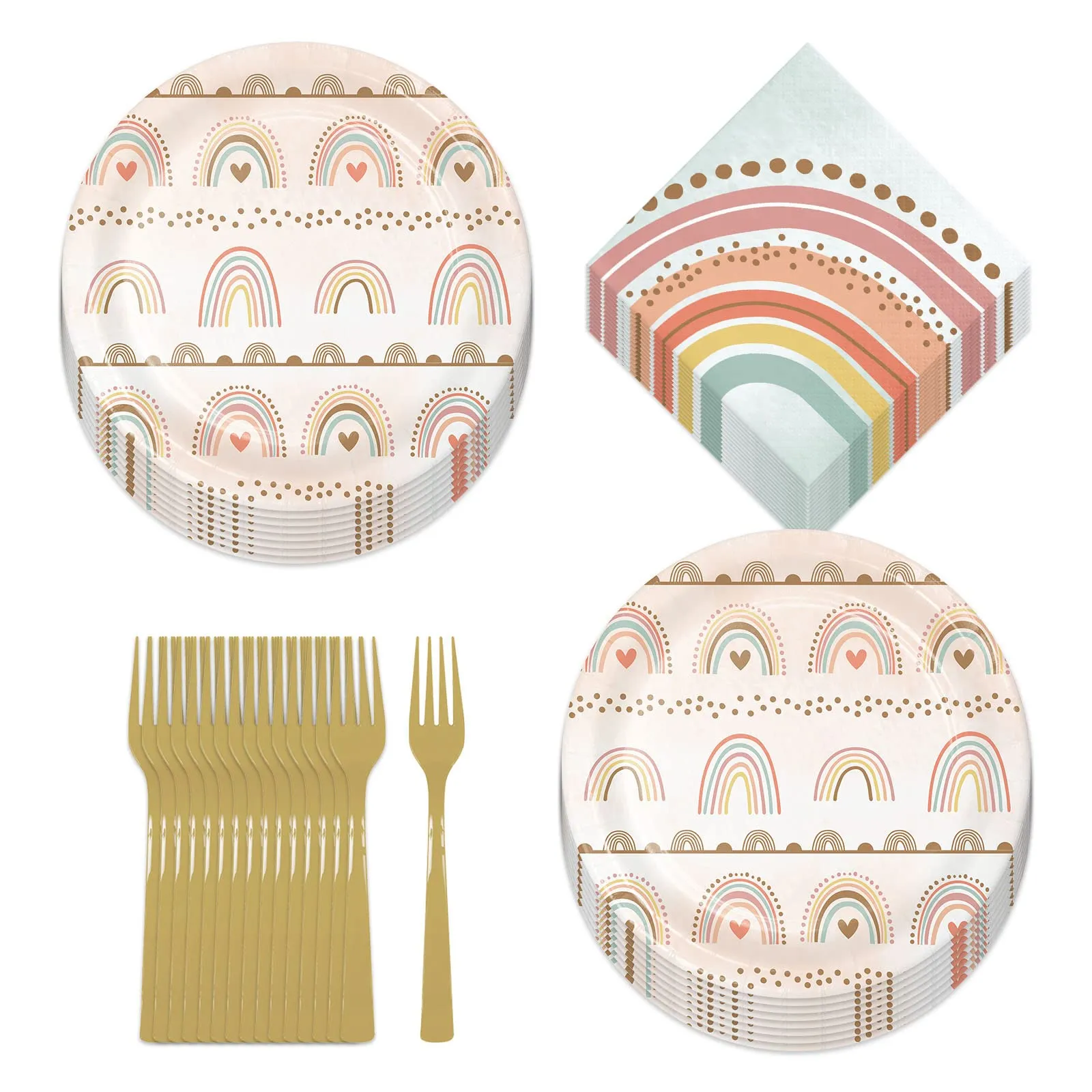 Boho Rainbow Party Paper Dessert Plates, Rainbow Beverage Napkins, and Forks (Serves 16)