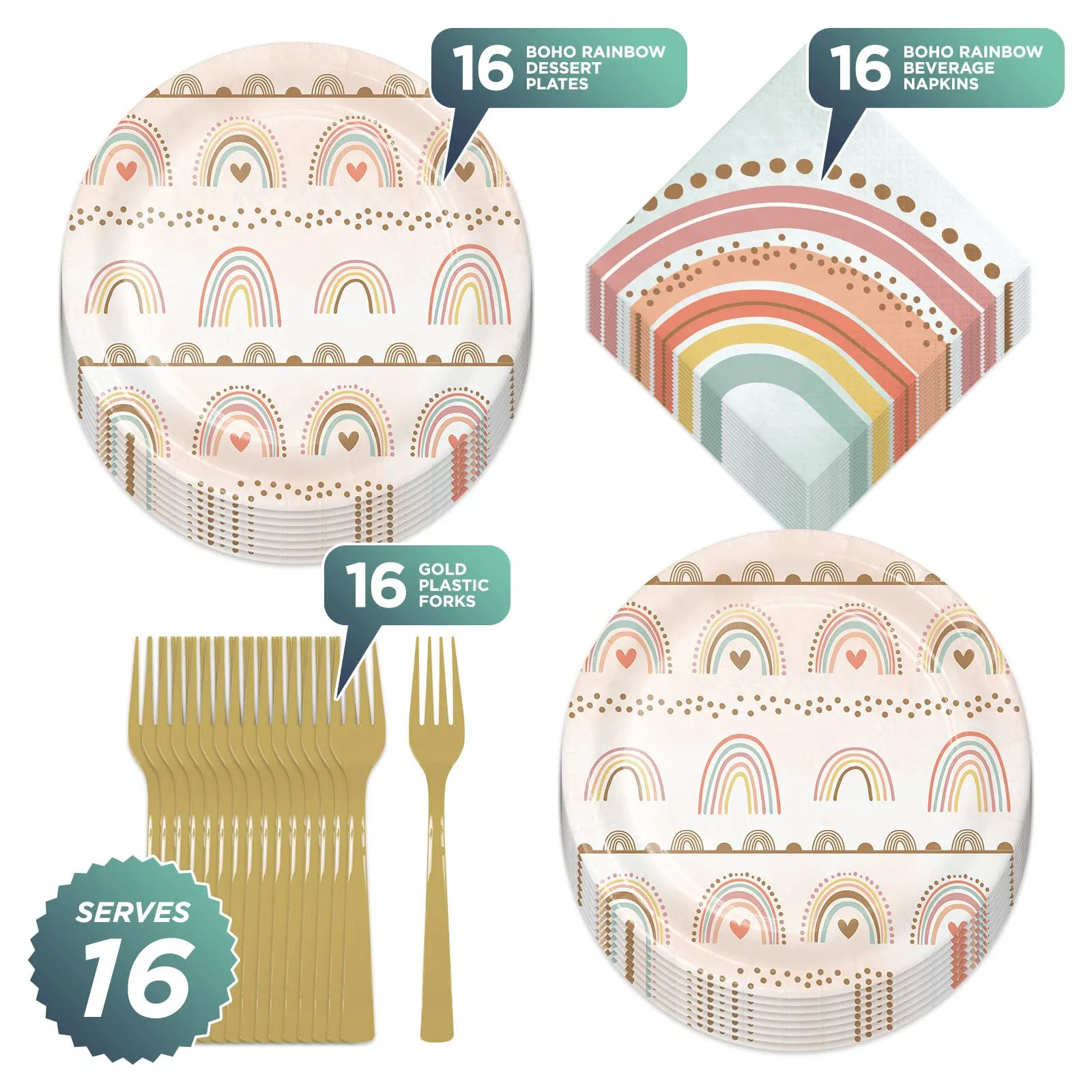 Boho Rainbow Party Paper Dessert Plates, Rainbow Beverage Napkins, and Forks (Serves 16)