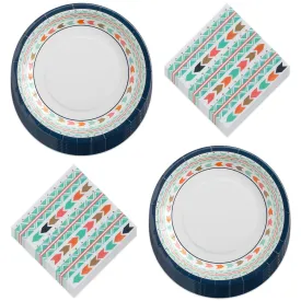 Boho Tribal Party Supplies - Round Paper Dinner Plates and Luncheon Napkins For Baby Showers and More (Serves 16)