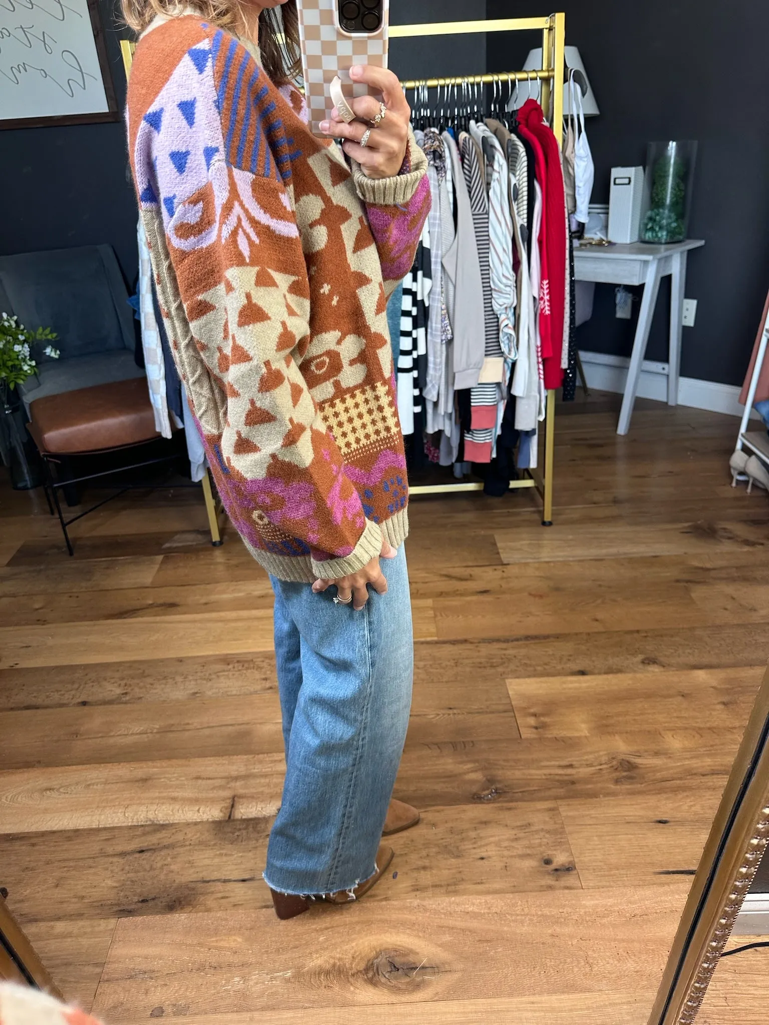 Demonstrated Loyalty Patterned Crew Sweater - Khaki/Mocha