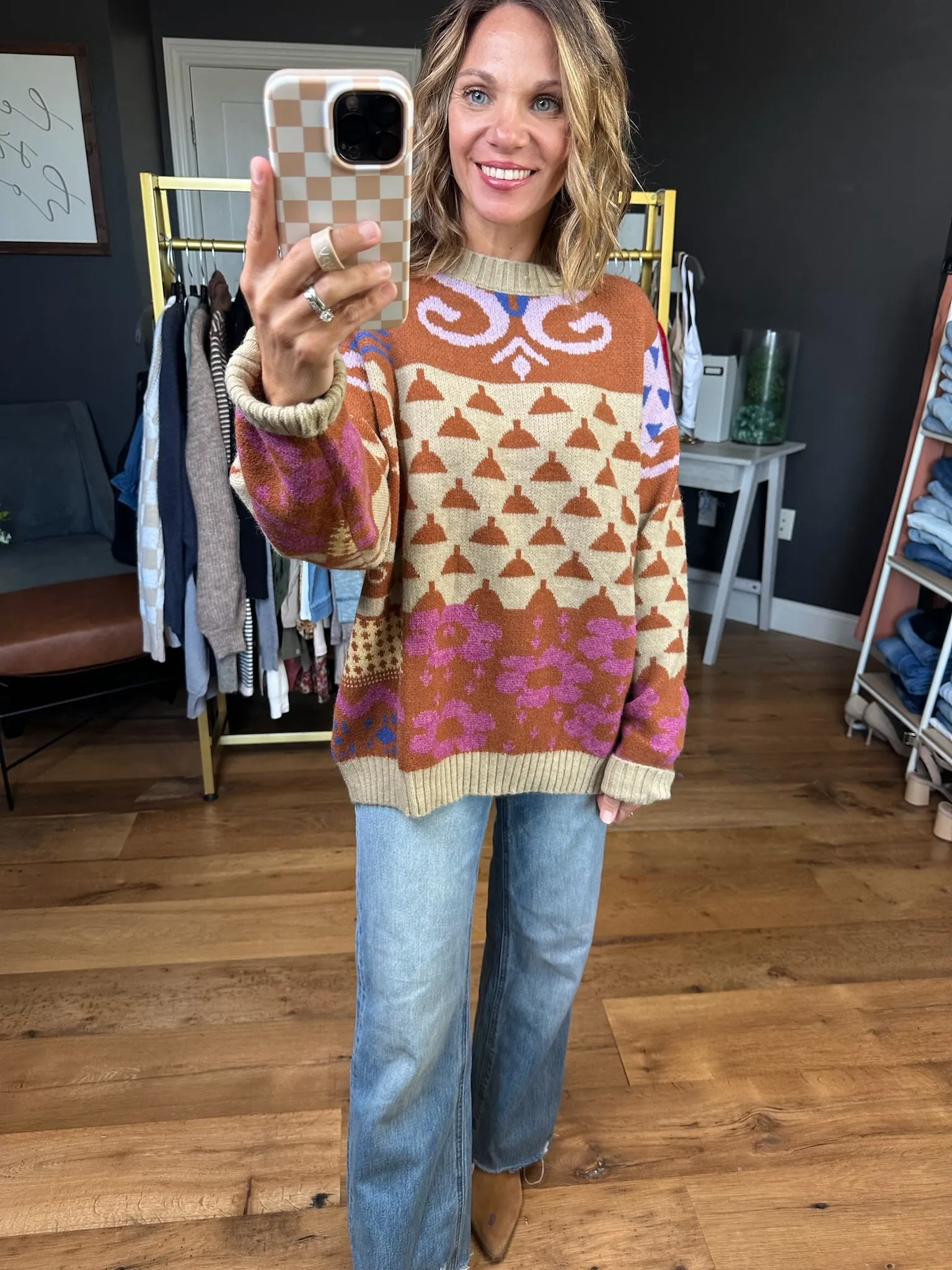Demonstrated Loyalty Patterned Crew Sweater - Khaki/Mocha