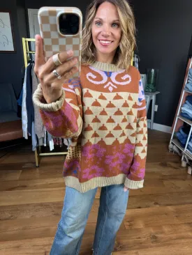 Demonstrated Loyalty Patterned Crew Sweater - Khaki/Mocha