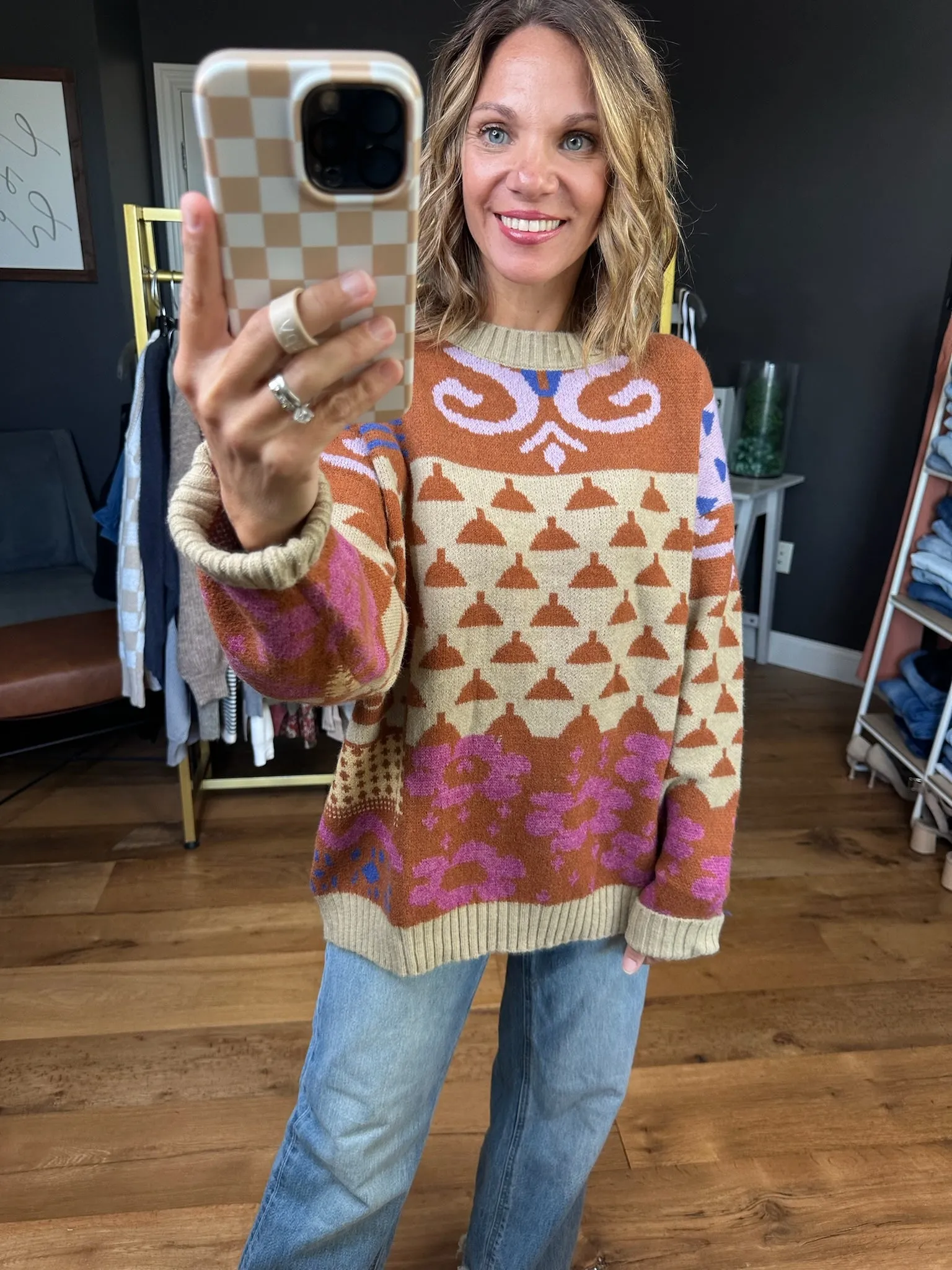 Demonstrated Loyalty Patterned Crew Sweater - Khaki/Mocha