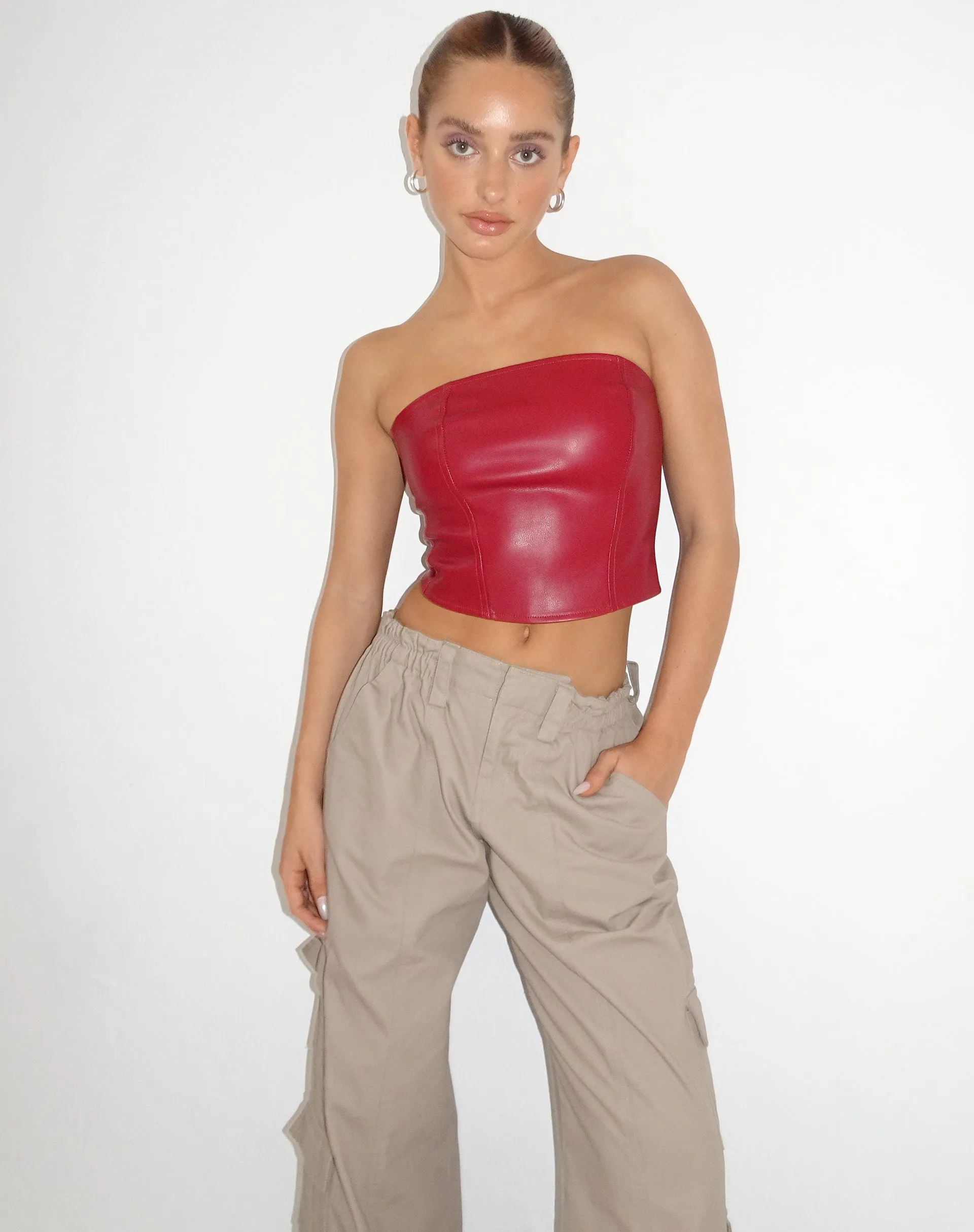 Dena Corset Top in PU Blood Red