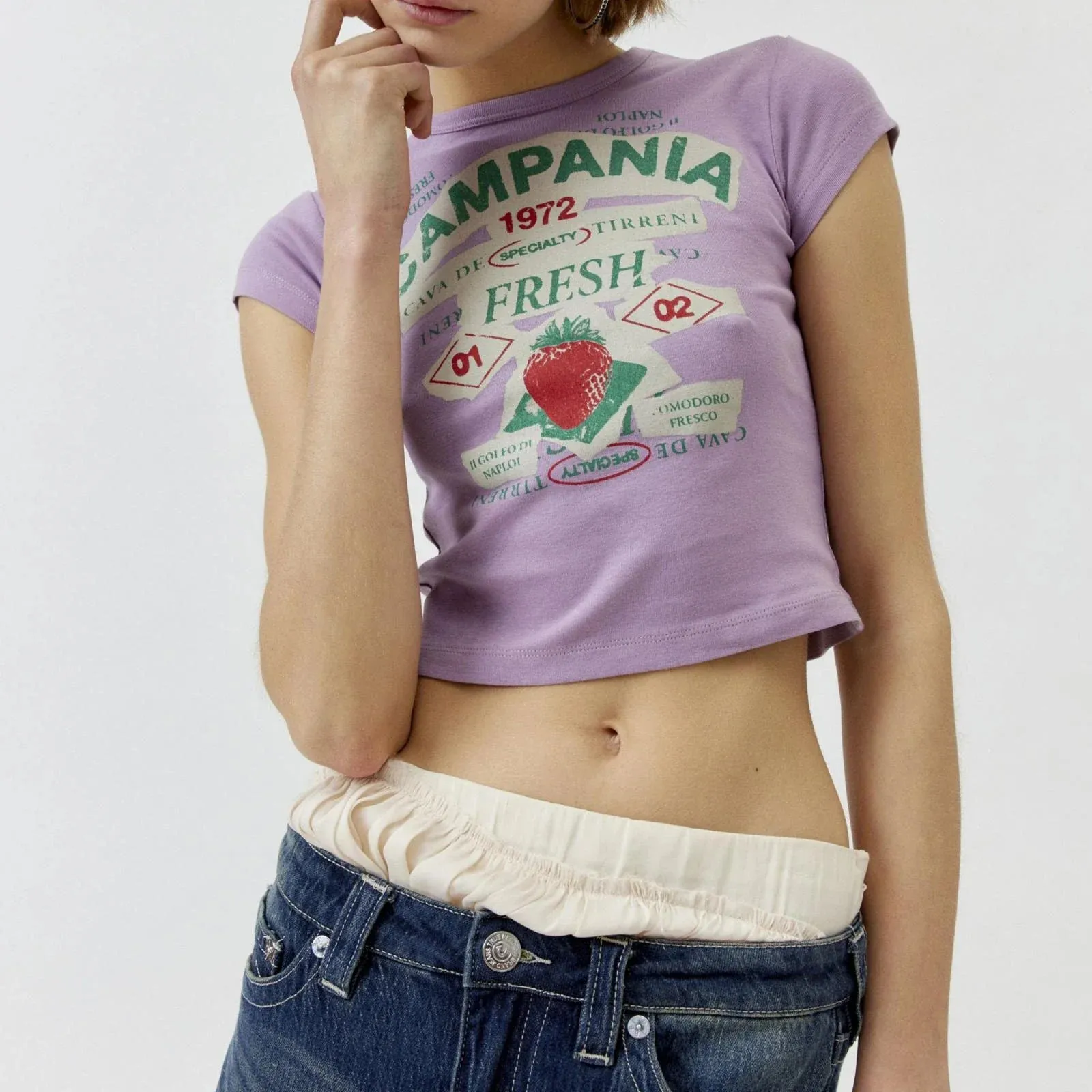 Fashion Letter Strawberry Print O Neck Short Sleeve Slim Fit Fairy Grunge Summer T-shirt