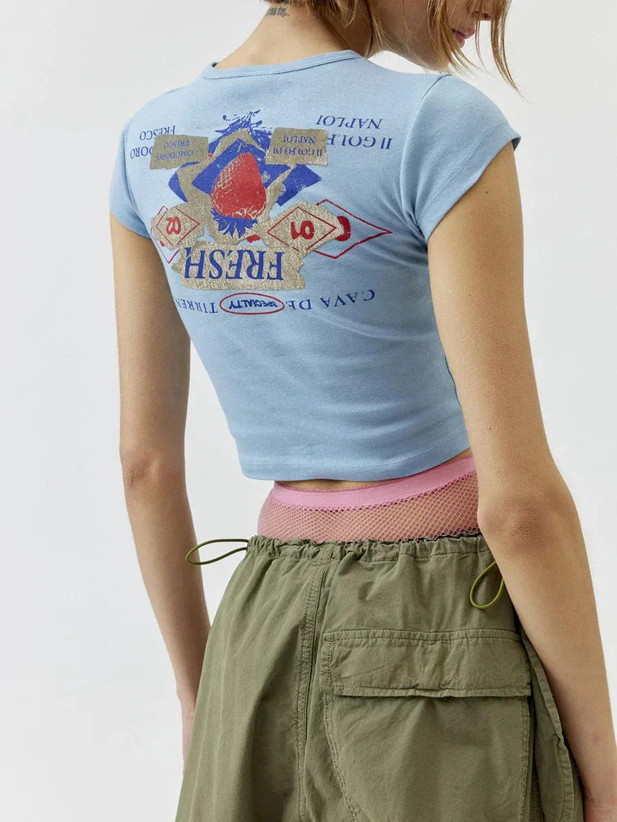 Fashion Letter Strawberry Print O Neck Short Sleeve Slim Fit Fairy Grunge Summer T-shirt