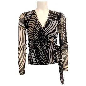 Fuzzi Black / Tan Print Long Sleeved Wrap Top