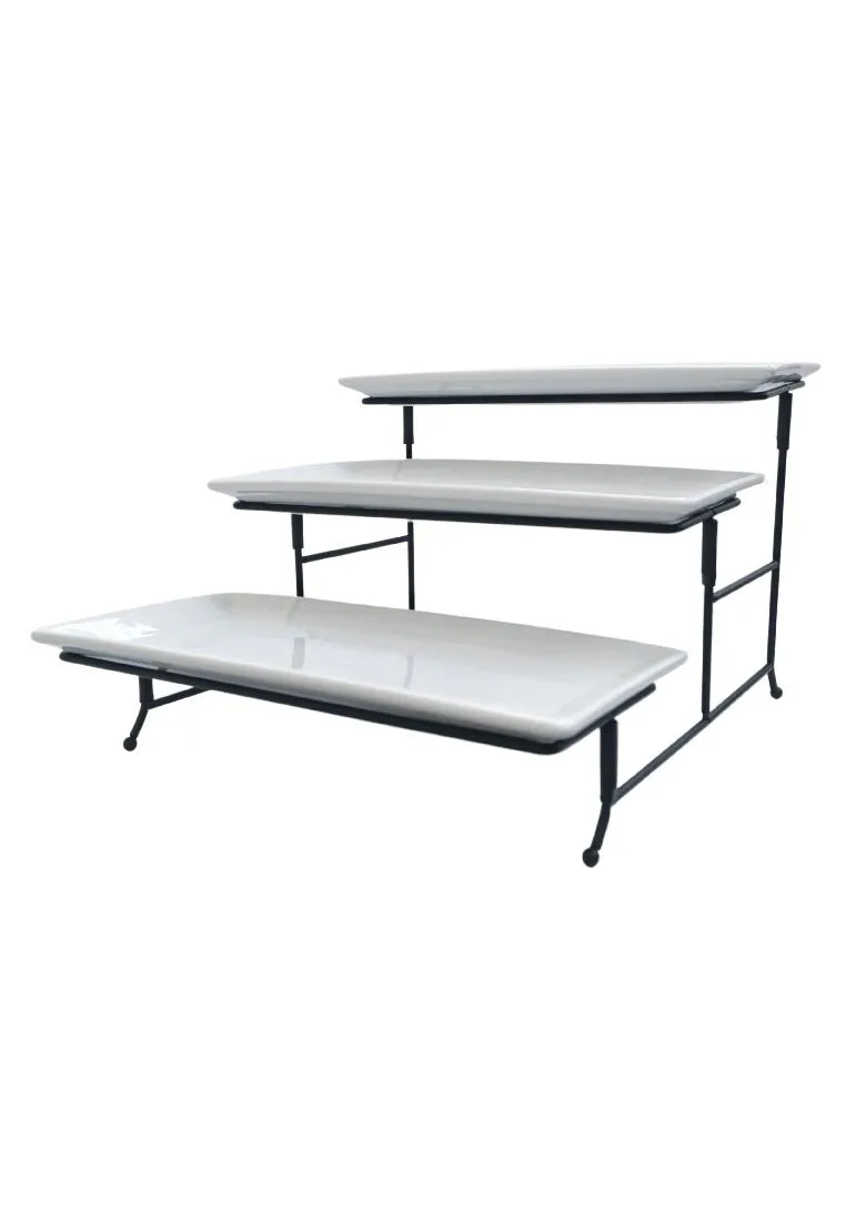 Gracious Dining by Gibson 3-tiered 4 Piece Stoneware Serving Tray Set with Metal Stand