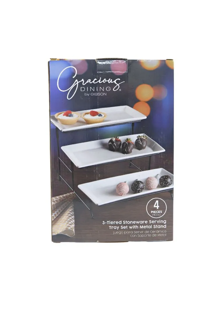 Gracious Dining by Gibson 3-tiered 4 Piece Stoneware Serving Tray Set with Metal Stand