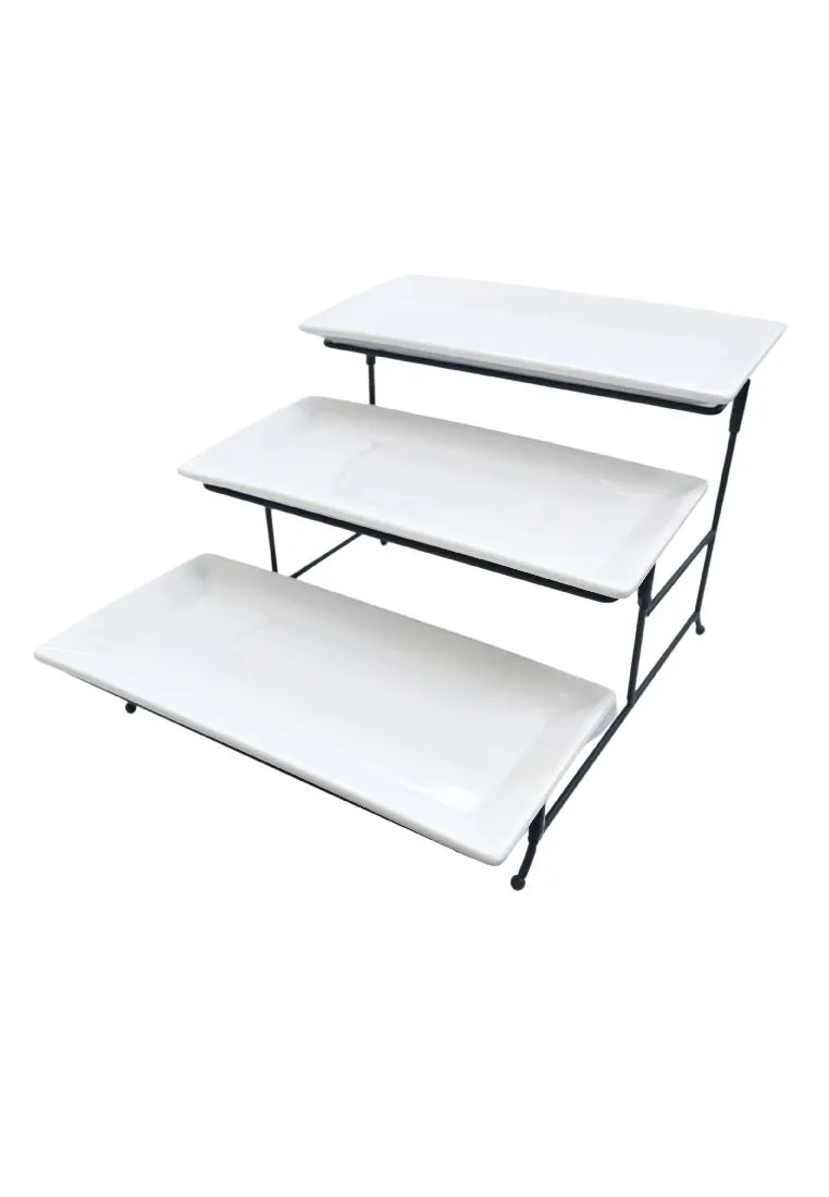 Gracious Dining by Gibson 3-tiered 4 Piece Stoneware Serving Tray Set with Metal Stand