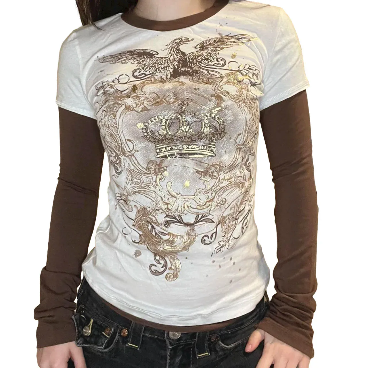 Graphic Printed Vintage Crew Neck Long Sleeve Tops Spring Fall Slim Fit Y2K T-shirts