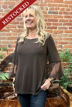Lace Bell Sleeve Brown Tunic by Origami Apparel