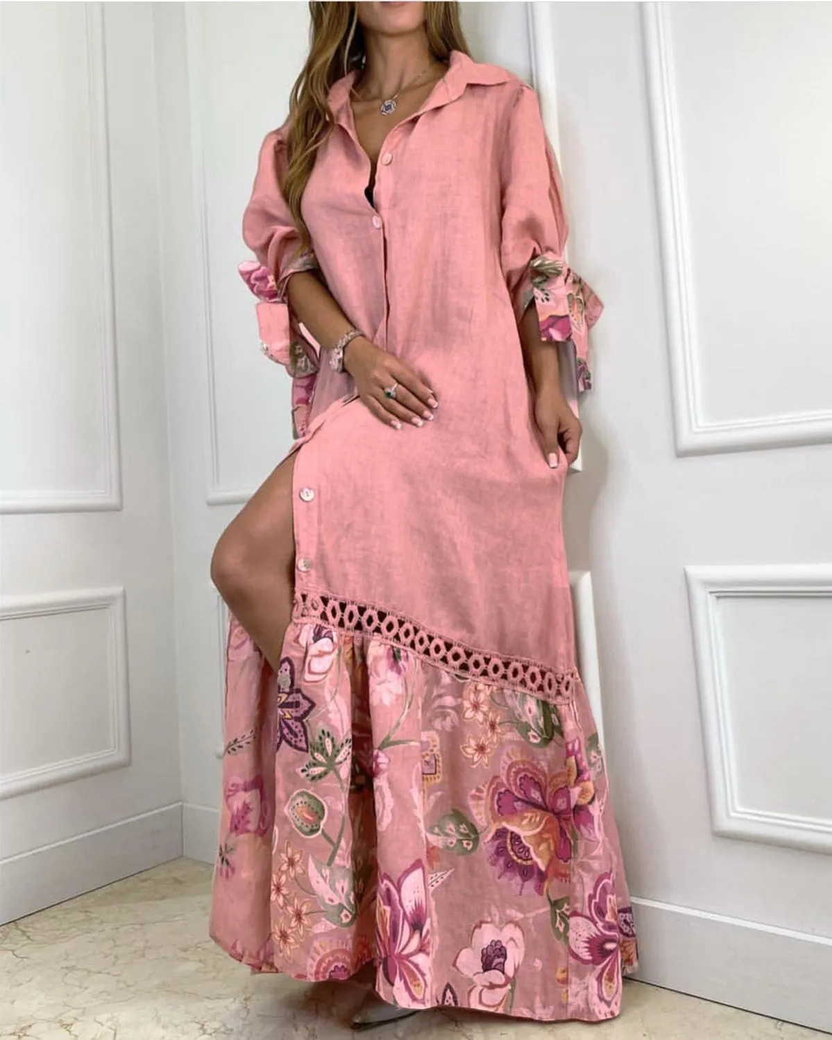 Lace Paneled Lace Up Shirt Long Dress