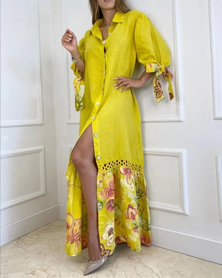 Lace Paneled Lace Up Shirt Long Dress