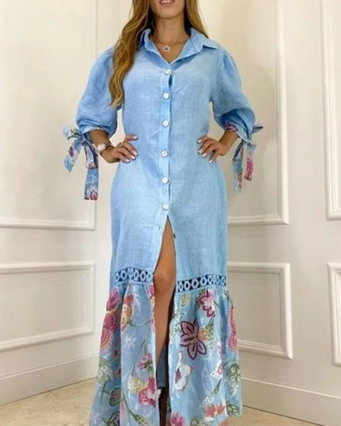 Lace Paneled Lace Up Shirt Long Dress