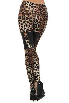 Leggings Leopard Faux Leather Panel High Waist Print Womens