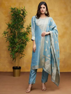 Light Blue Embellished Chanderi Silk Pants Set