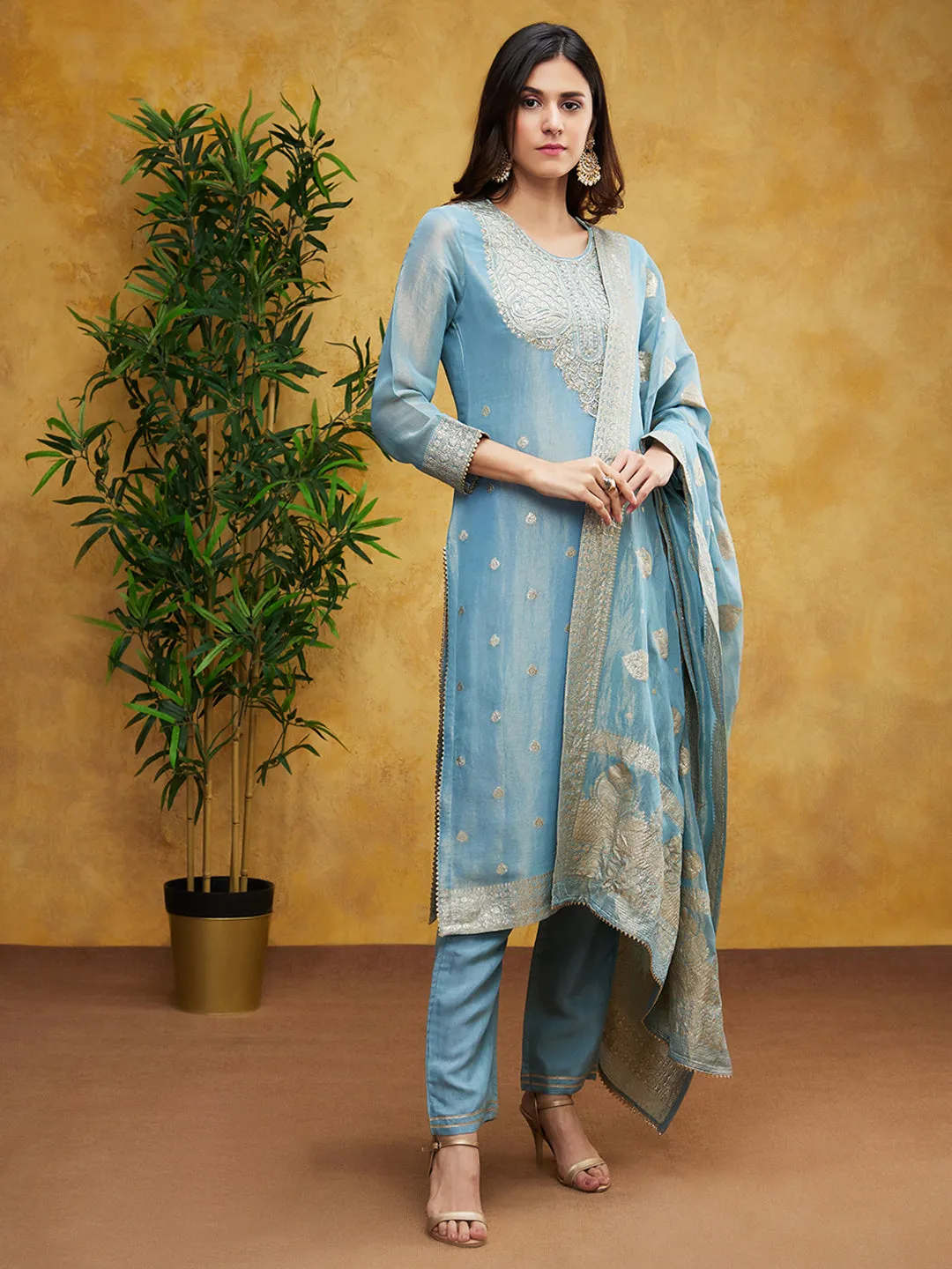 Light Blue Embellished Chanderi Silk Pants Set