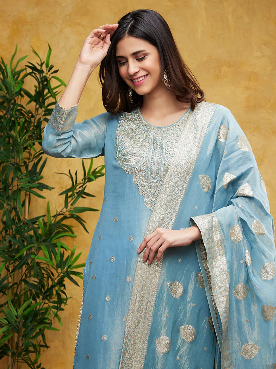 Light Blue Embellished Chanderi Silk Pants Set