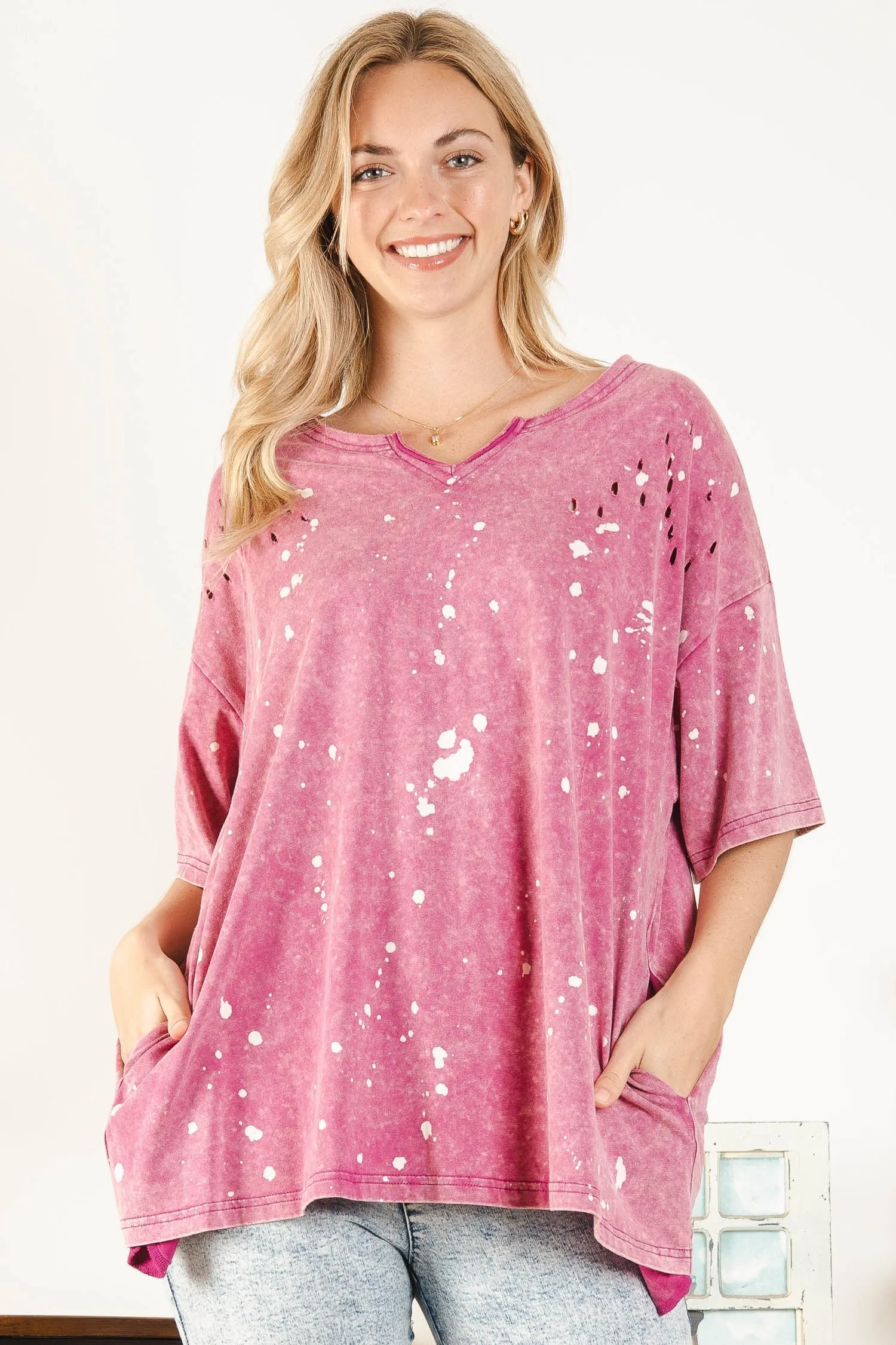 Magenta Washed Distressed V-Neck Top