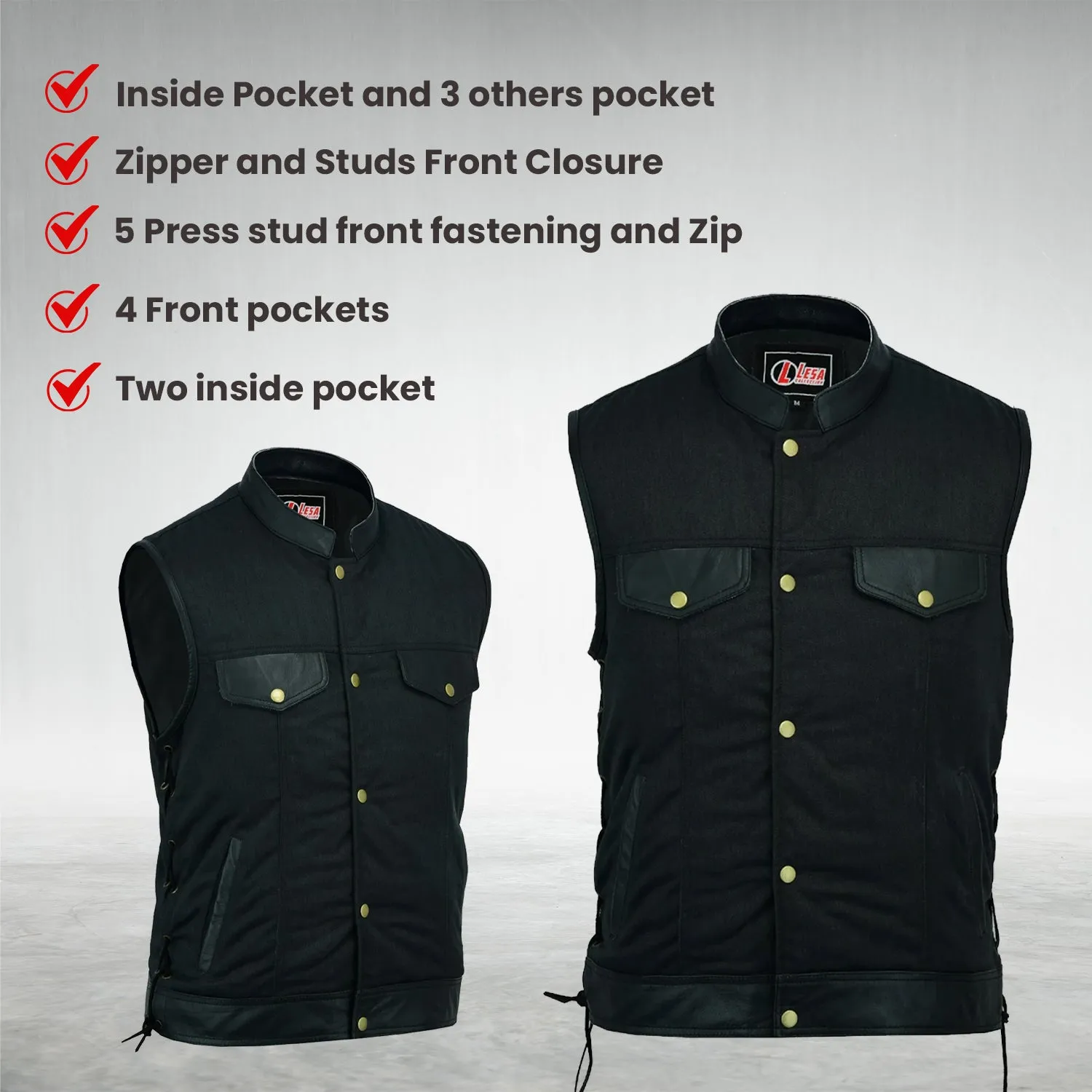 Mens Side Lace Biker Style Vest Leather Trim & Black Denim