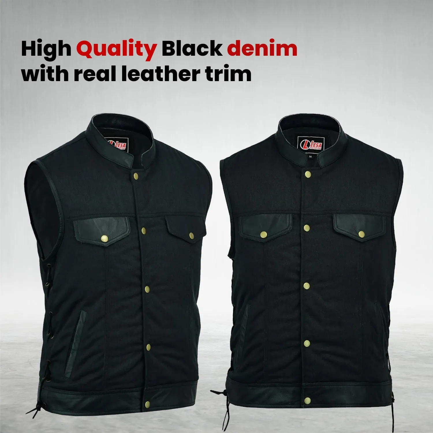 Mens Side Lace Biker Style Vest Leather Trim & Black Denim