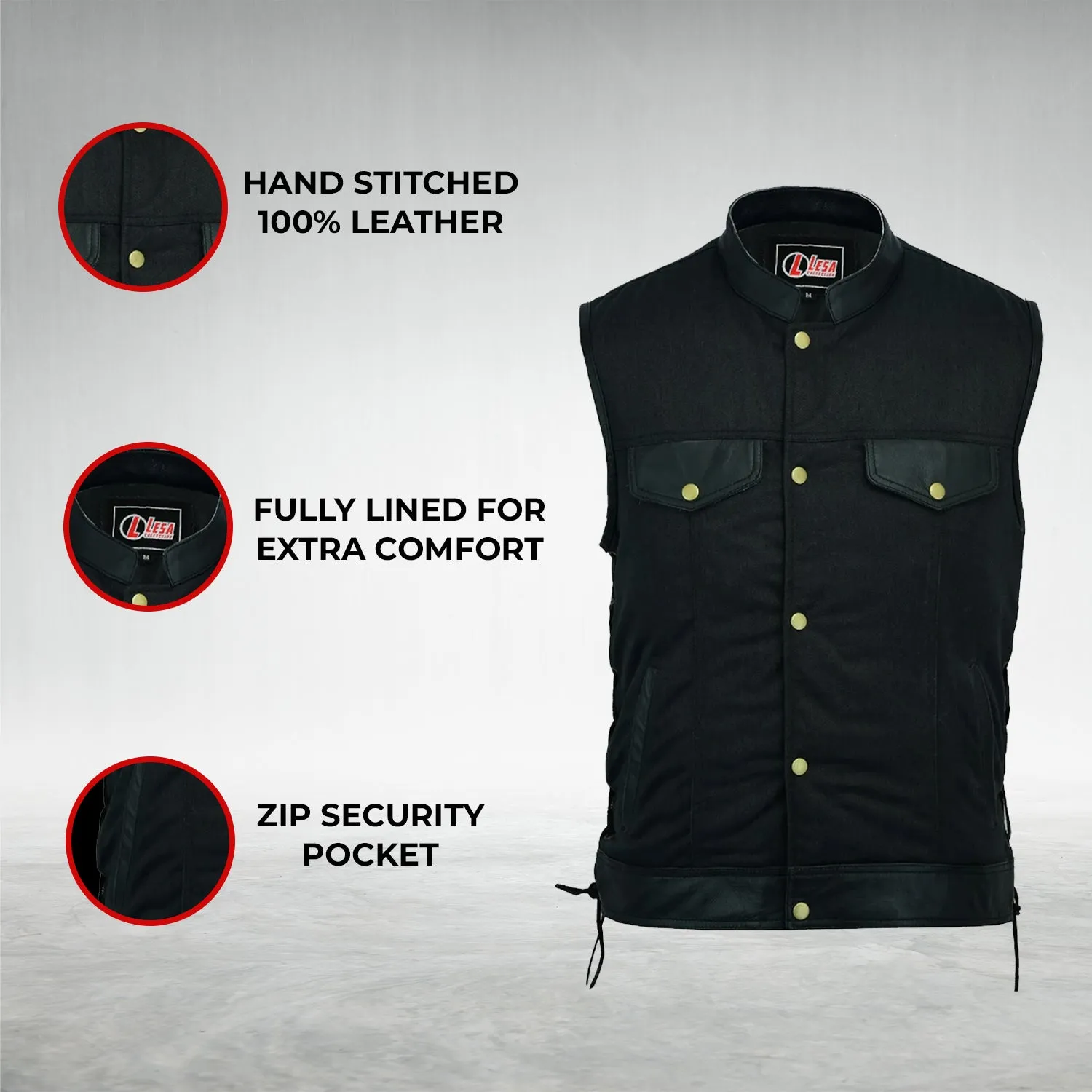 Mens Side Lace Biker Style Vest Leather Trim & Black Denim