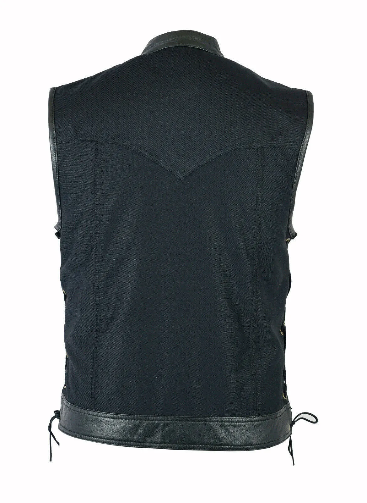 Mens Side Lace Biker Style Vest Leather Trim & Black Denim