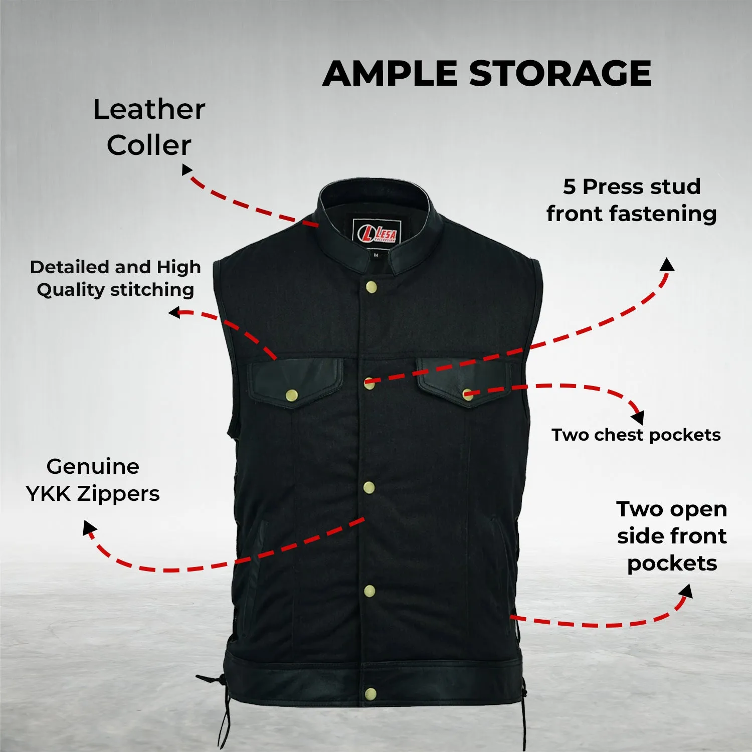 Mens Side Lace Biker Style Vest Leather Trim & Black Denim