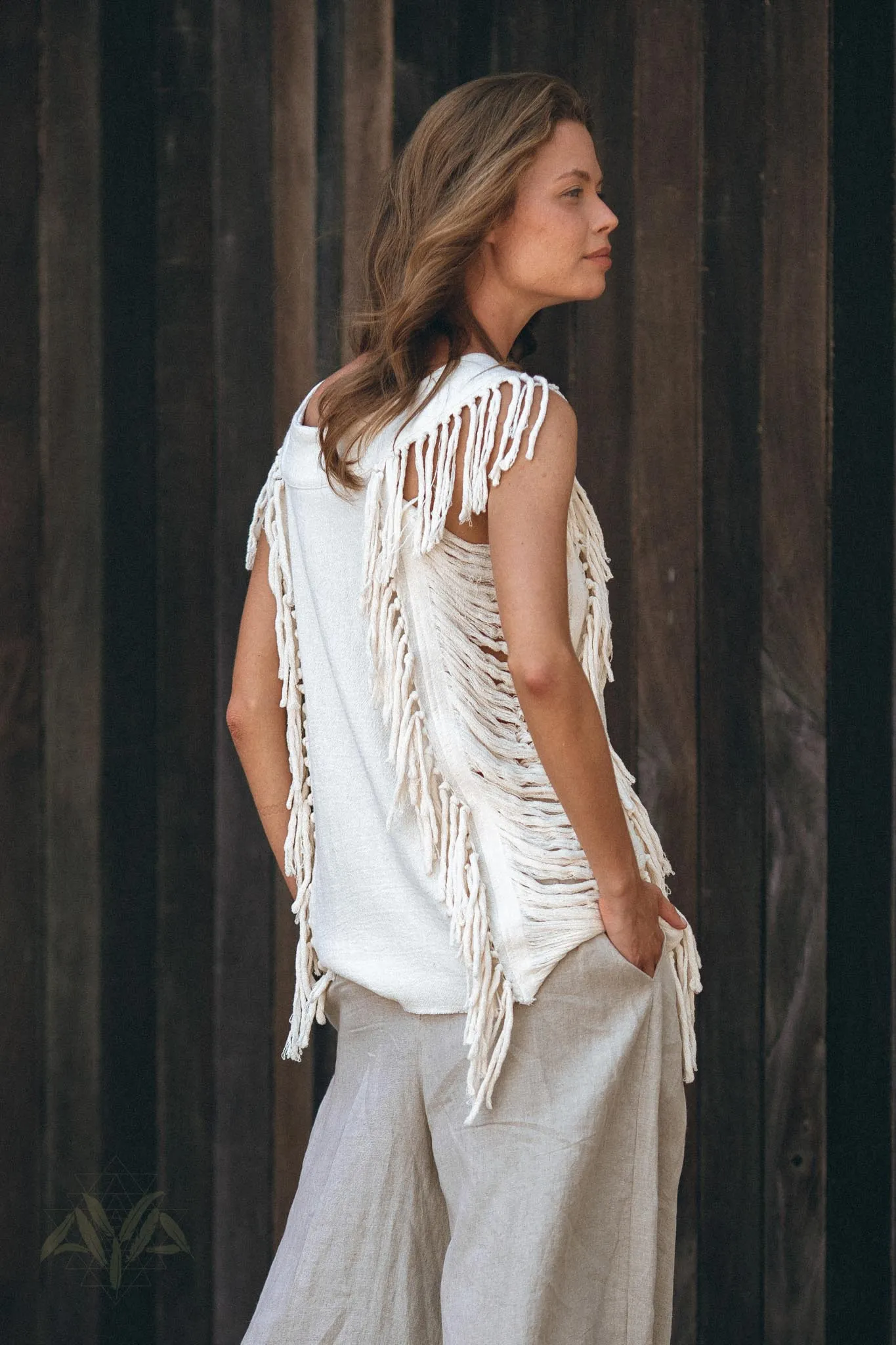 Off-White Bohemian Top with Tassels Sides