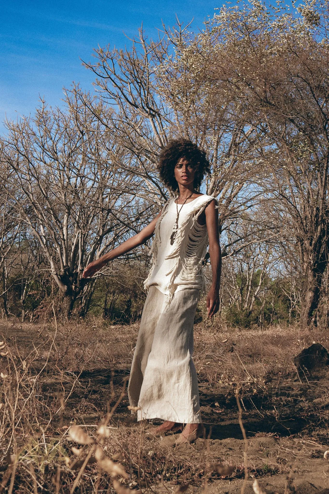 Off-White Bohemian Top with Tassels Sides