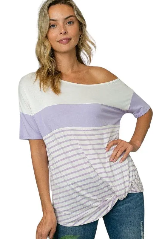 Plus Front Twist Off Shoulder Striped Top