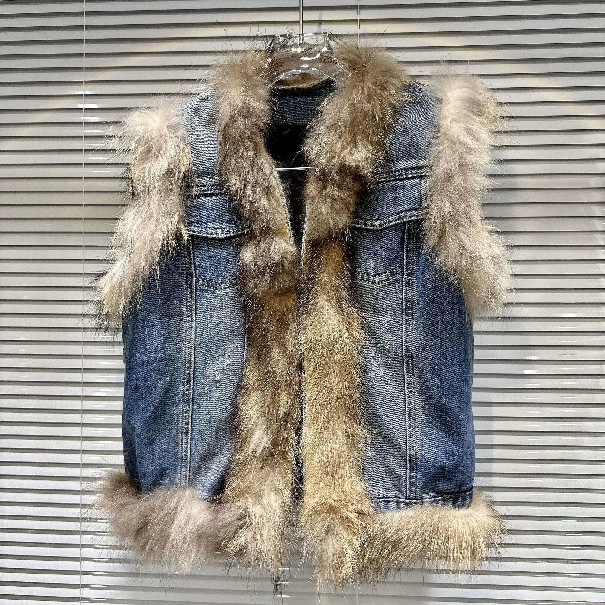 Pre Order:  Faux Fox Fur Denim Vest