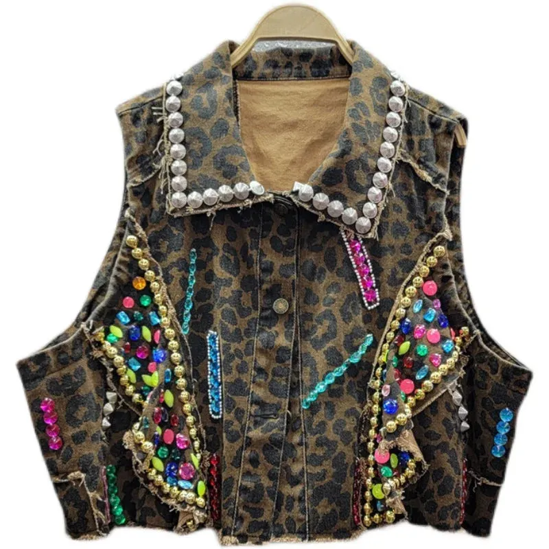 Pre Order:  Leopard Print Rivet Rhinestone Sleeveless Vest