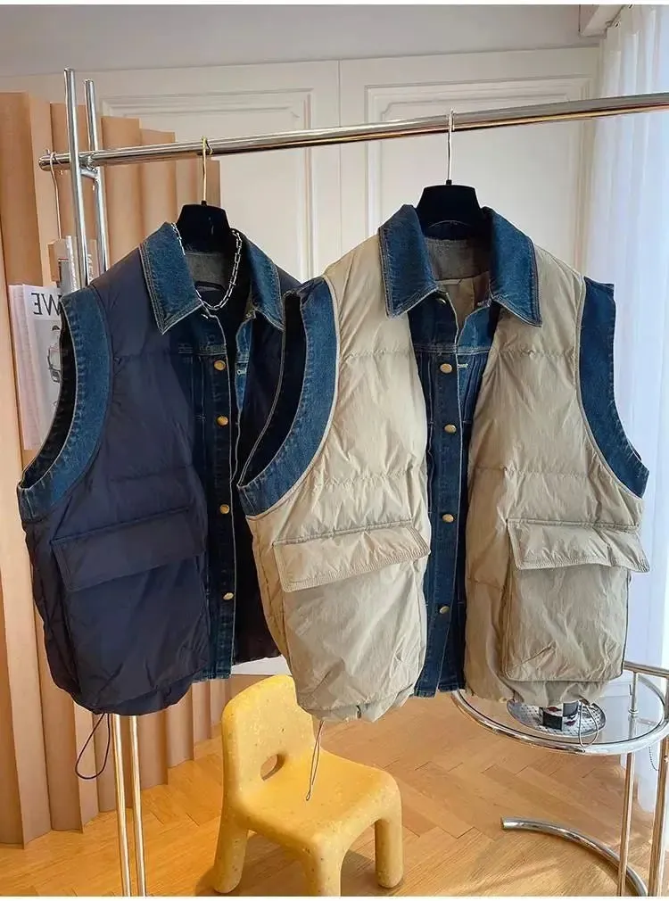 Pre Order:  Quilted Button-Down Denim Spliced Vest