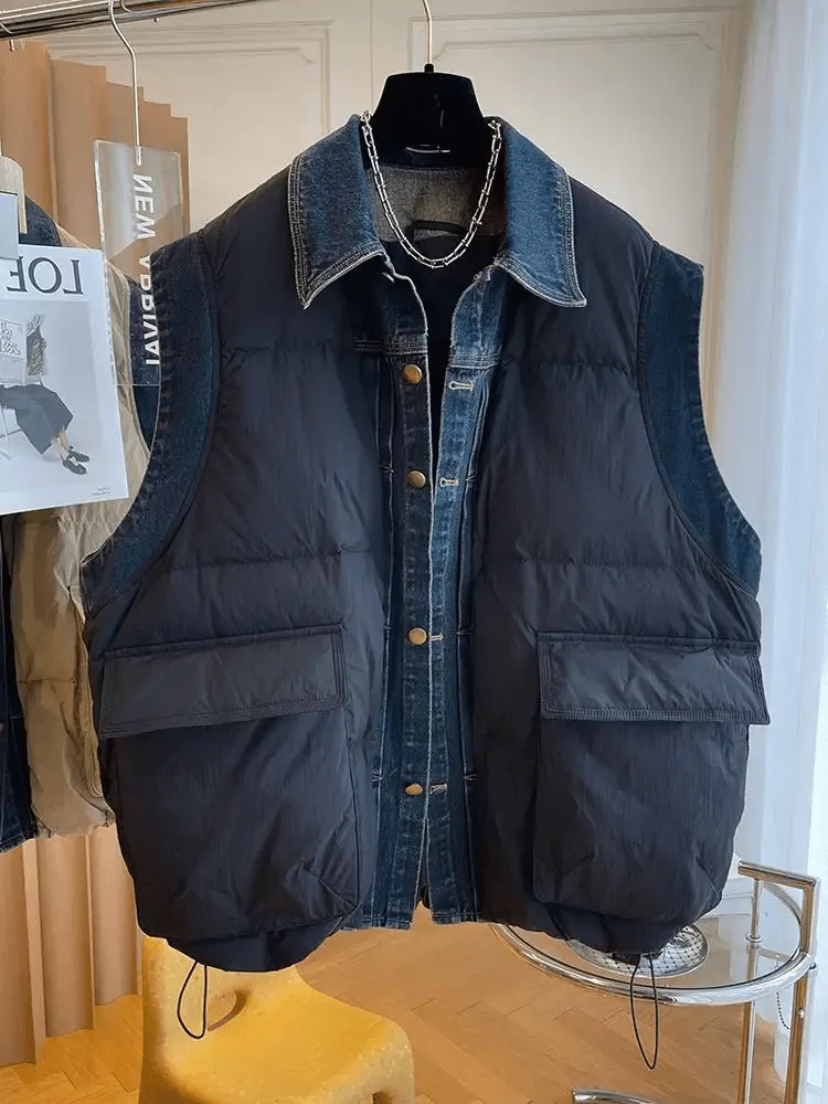 Pre Order:  Quilted Button-Down Denim Spliced Vest