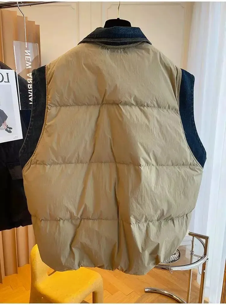 Pre Order:  Quilted Button-Down Denim Spliced Vest