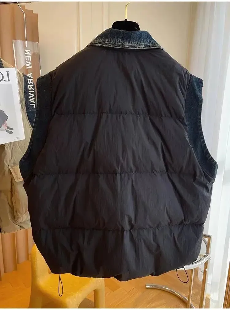 Pre Order:  Quilted Button-Down Denim Spliced Vest