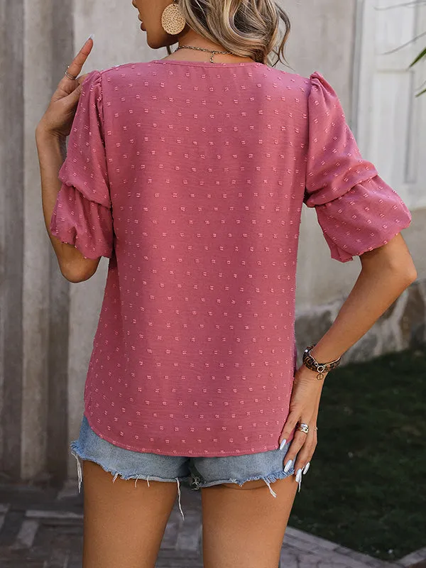 Puff Sleeves Wrap Jacquard Solid Color V-Neck T-Shirts Tops