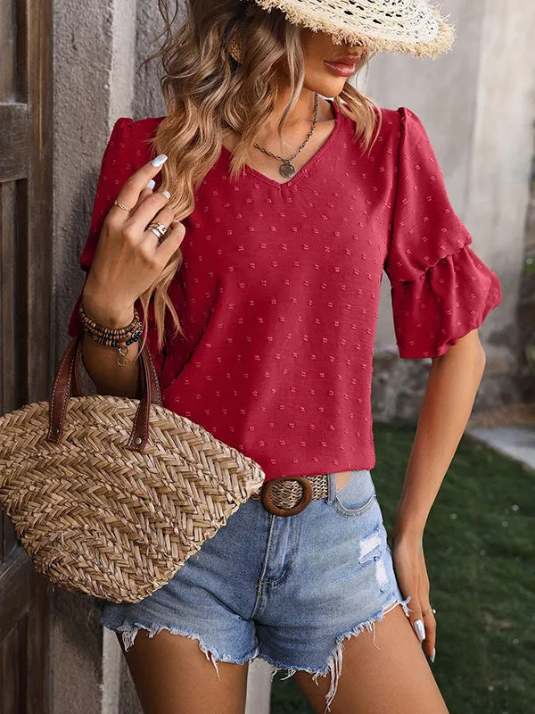 Puff Sleeves Wrap Jacquard Solid Color V-Neck T-Shirts Tops