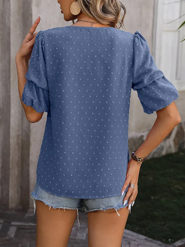 Puff Sleeves Wrap Jacquard Solid Color V-Neck T-Shirts Tops