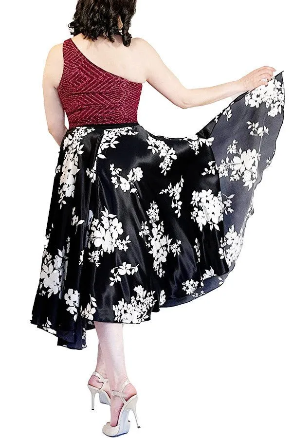 shimmering burgundy one-shoulder tango top