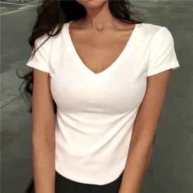 Slim Fit V-neck Cotton Stretchy Short Sleeve Tee
