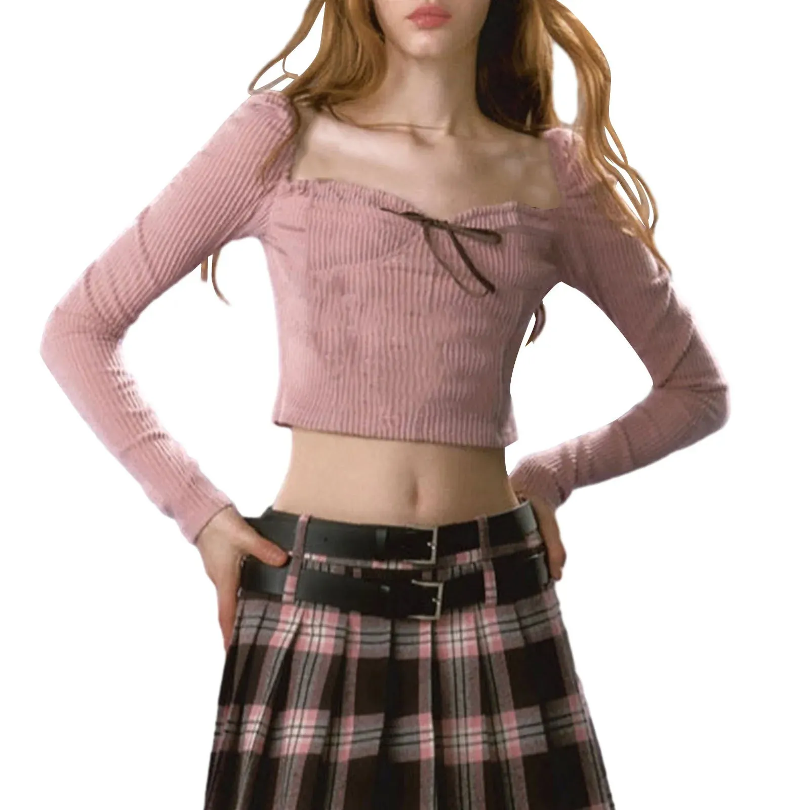 Summer Slim Crop Ribbed Long Sleeve Sweetheart Neck Bow Tie Sweet Streetwear Spring T-shirt