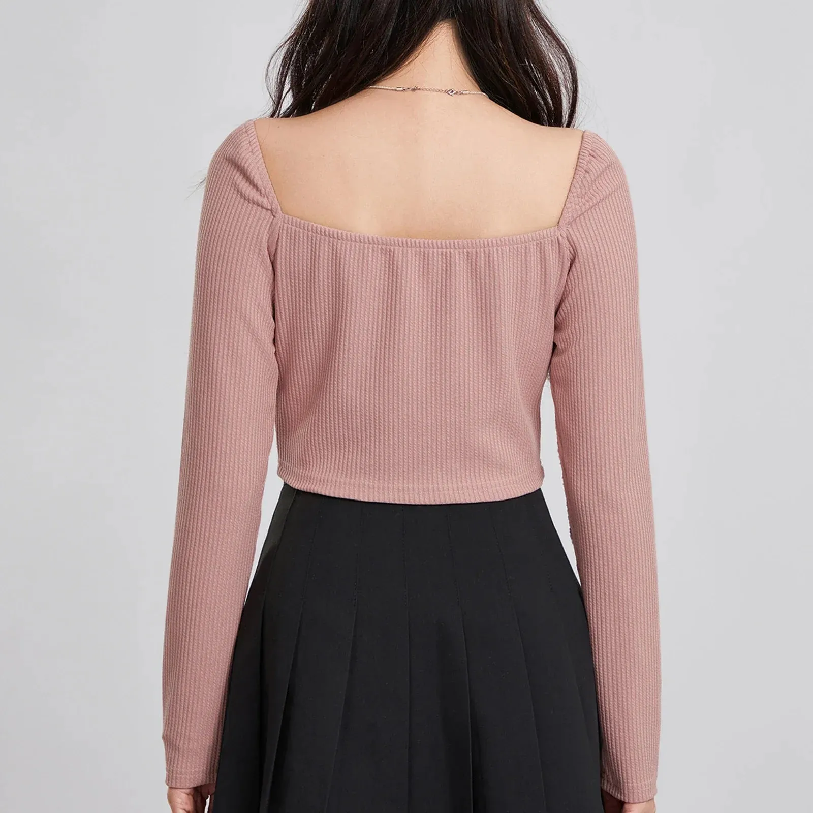 Summer Slim Crop Ribbed Long Sleeve Sweetheart Neck Bow Tie Sweet Streetwear Spring T-shirt