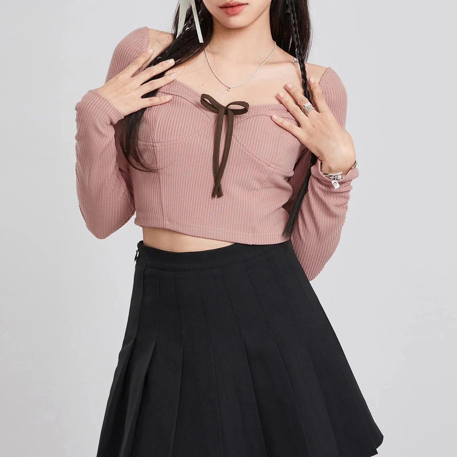 Summer Slim Crop Ribbed Long Sleeve Sweetheart Neck Bow Tie Sweet Streetwear Spring T-shirt